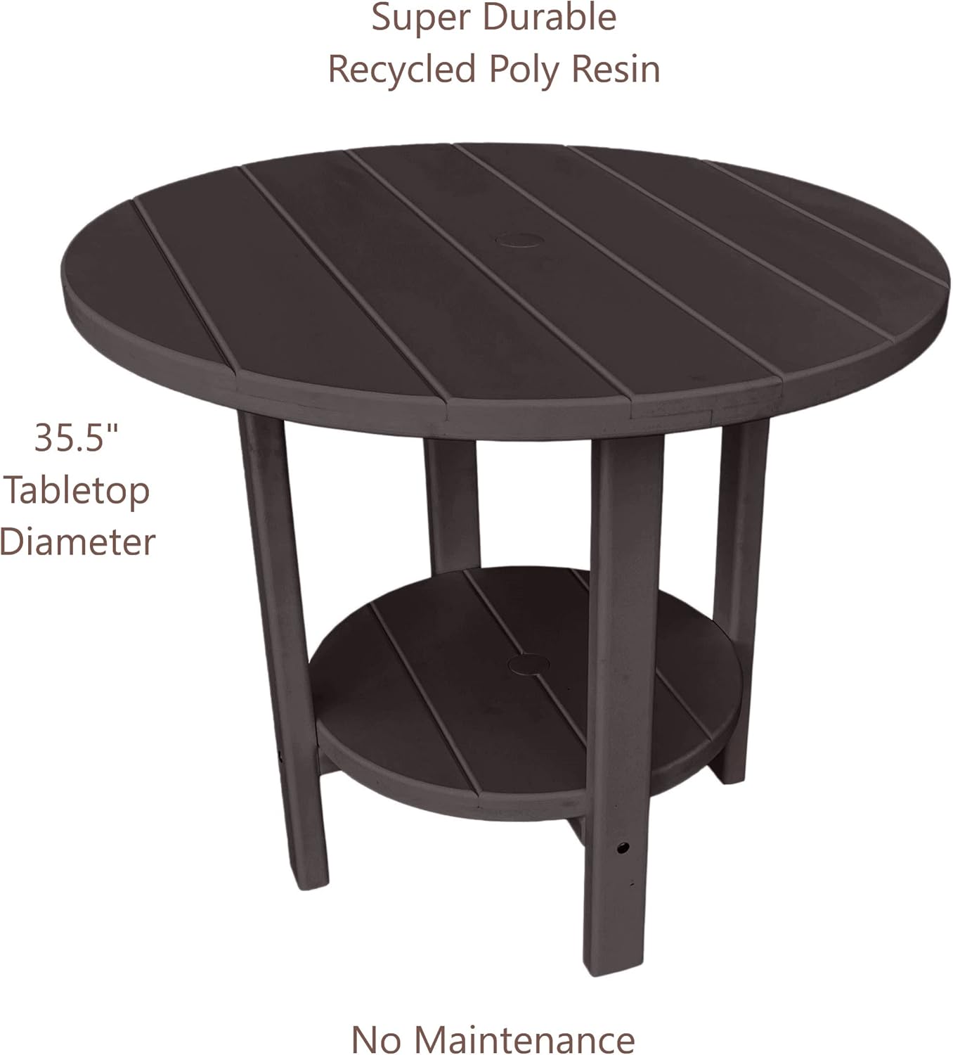 Phat Tommy Round Poly Resin Outdoor Patio Dining Table, All Weather Poly Patio Outdoor Furniture, Brown