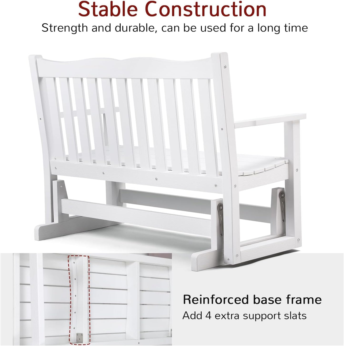Stoog Outdoor Glider, 2 Person All-Weather Glider Bench with 800 lbs Weight Capacity, Never Fade or Rot, for Backyard, Garden, Deck, and Poolside, White