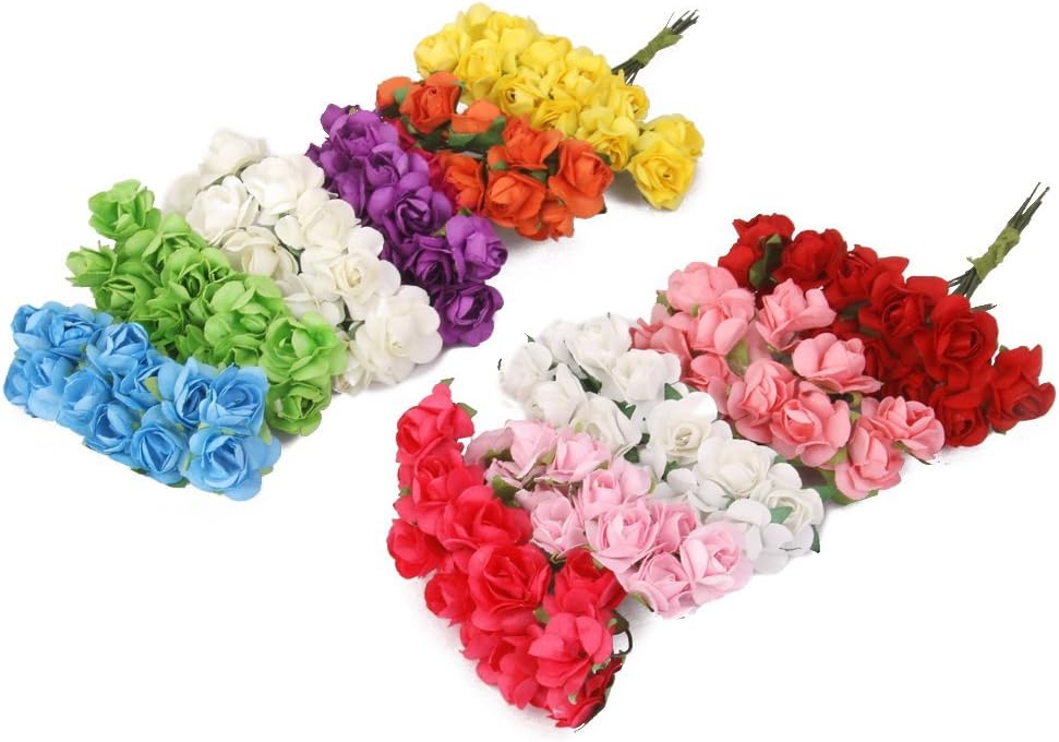 Mini Fake Rose Flower Heads 144pcs Mini Artificial Mulberry Paper Roses Flower with Wire Stem DIY Wedding Flowers Accessories Make Bridal Hair Clips Headbands Dress (Green)