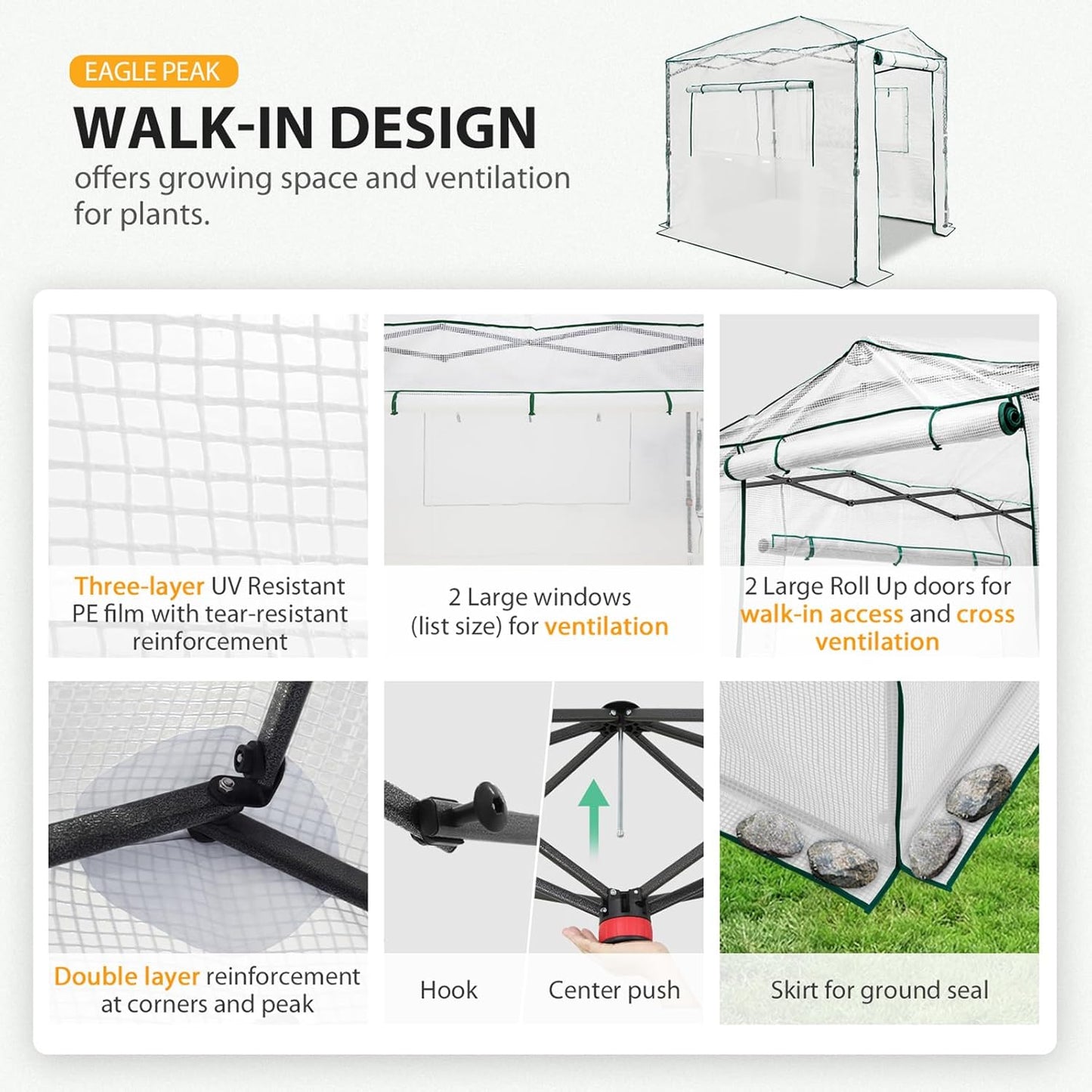 EAGLE PEAK Instant Pop-up Greenhouse, Indoor Outdoor Plant Gardening Green House, Roll-Up Zipper Doors and Side Windows, Walk in 8x6 ft, White/Clear