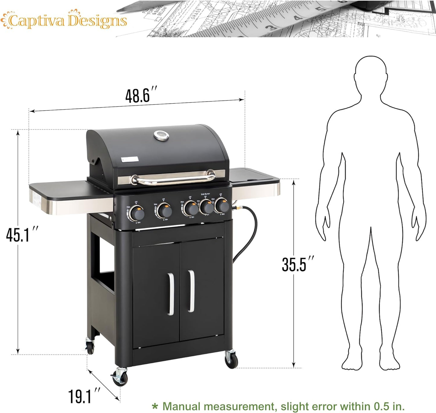 Captiva Designs 4-Burner Propane Gas BBQ Grill with Side Burner & Porcelain-Enameled Cast Iron Grates, 46,700 BTU Output for Outdoor Cooking Kitchen and Patio Backyard Barbecue, Black