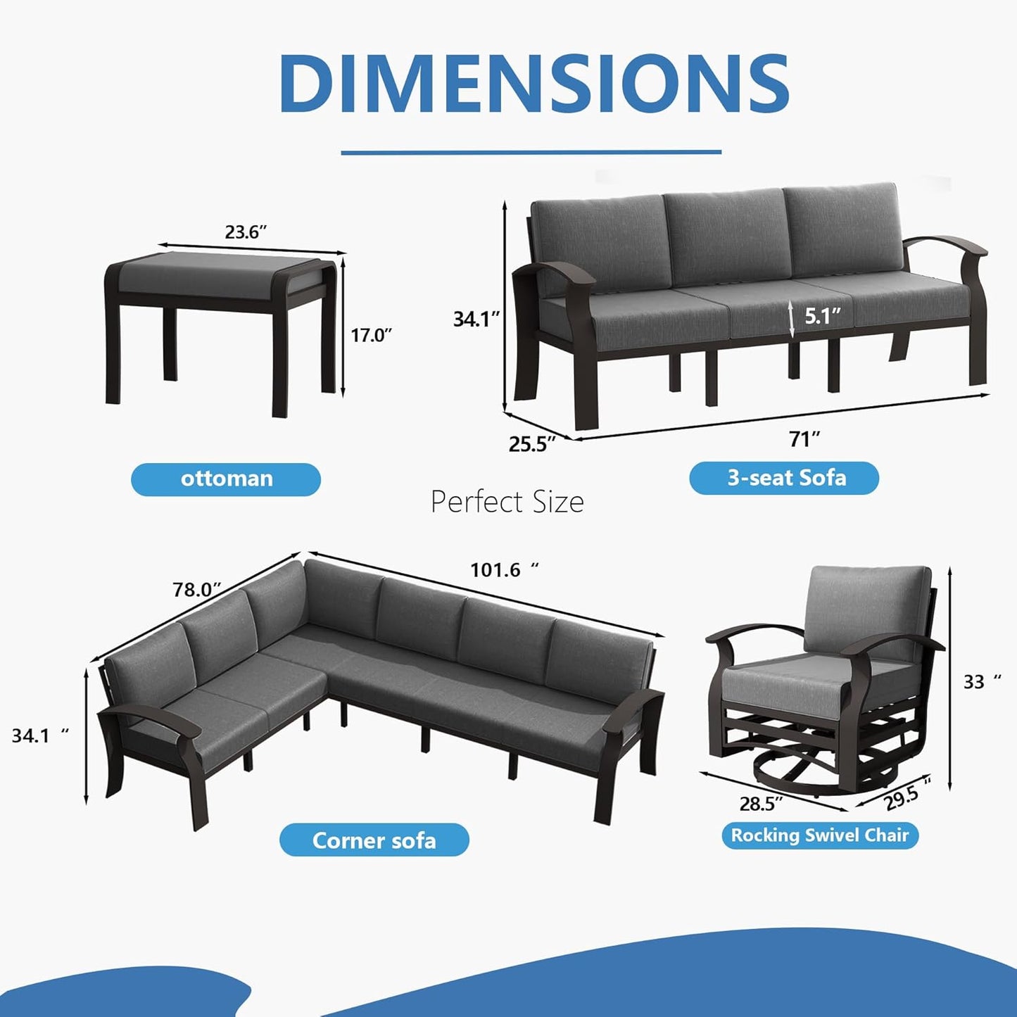 Aluminum Patio Furniture Set with Fire Pit Table, 11 Seats Outdoor Patio Conversation Set Modern Metal Patio Sectional Sofa with 5.1" Upgrade Cushions for Patio, Backyard(Grey).