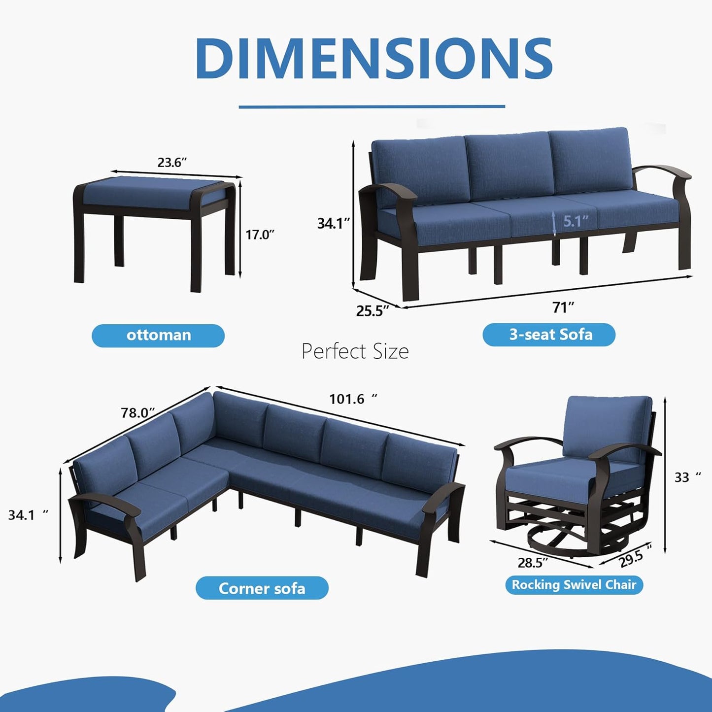 Aluminum Patio Furniture Set with Fire Pit Table, 11 Seats Outdoor Patio Conversation Set with Swivel Chair Modern Metal Patio Sectional Sofa with Coffee Table for Patio, Backyard(Navy Blue).