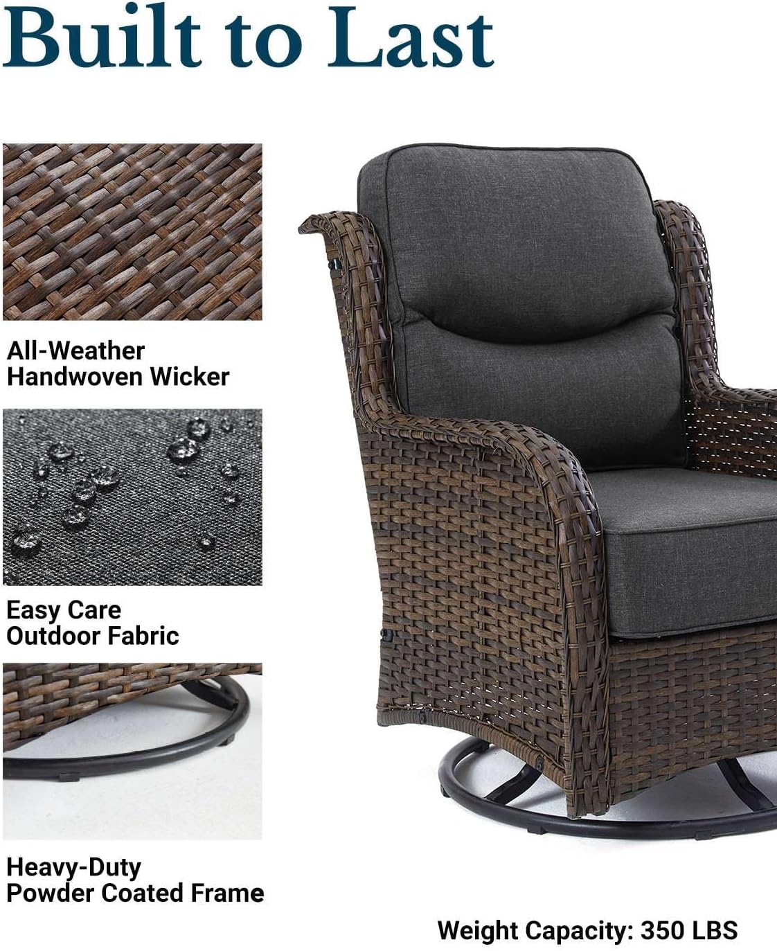 HILLGA Luxury Patio Furniture Set with 6-Inch Thick Cushions, High Back Outdoor Swivel Rocker Chairs and Ottoman, 5-Piece All Weather Conversation Set for Porch Deck Balcony Yard, Dark Grey (V3)