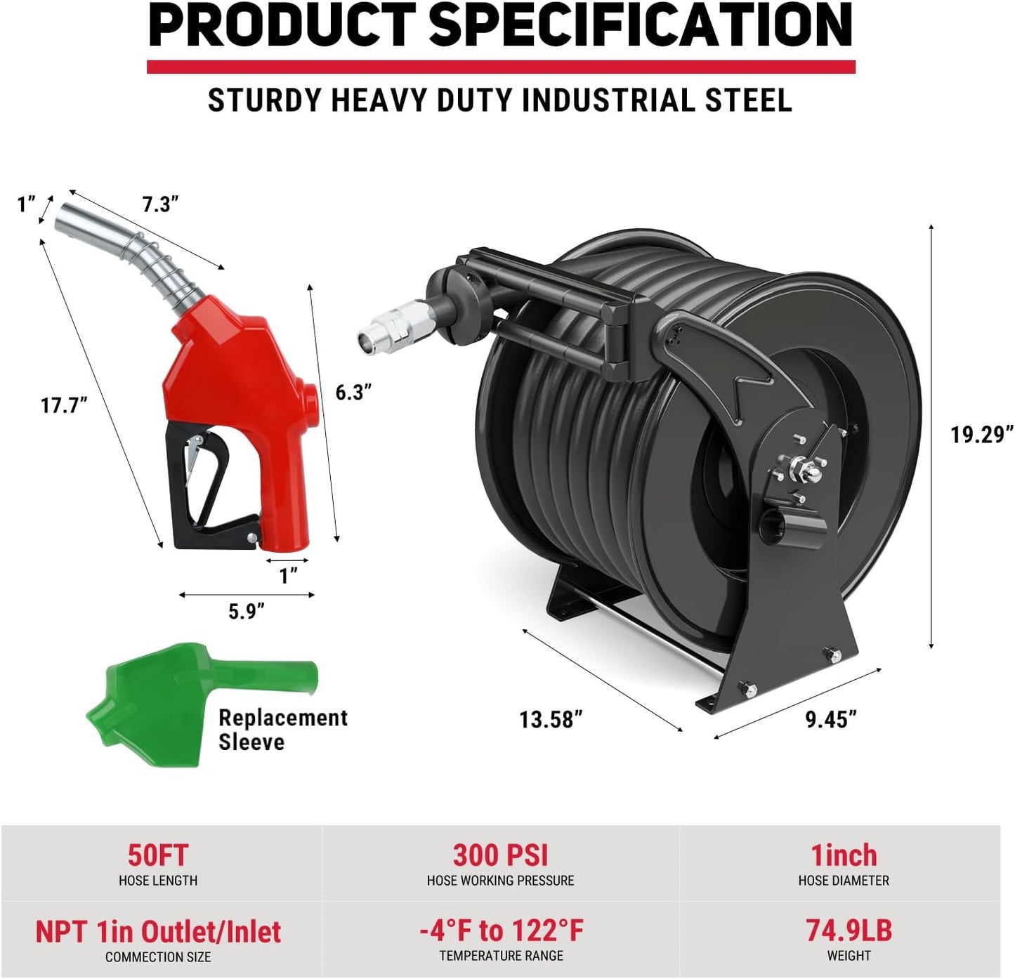Retractable Fuel Hose Reel 1" x 50' with Fueling Nozzle, 300 PSI Heavy Duty Steel Construction Industrial Auto Swivel Spring Driven Diesel Hose Reel for Aircraft Ship Vehicle Tank Truck, Black