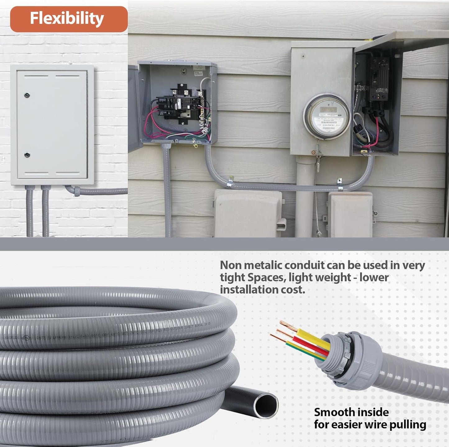 Liquid-Tight Conduit 1-1/2 inch 25ft, Electrical Conduit w/UL Certification, Flexible Conduit with 5 Straight and 5 90-Degree Conduit Connector Fittings Gray