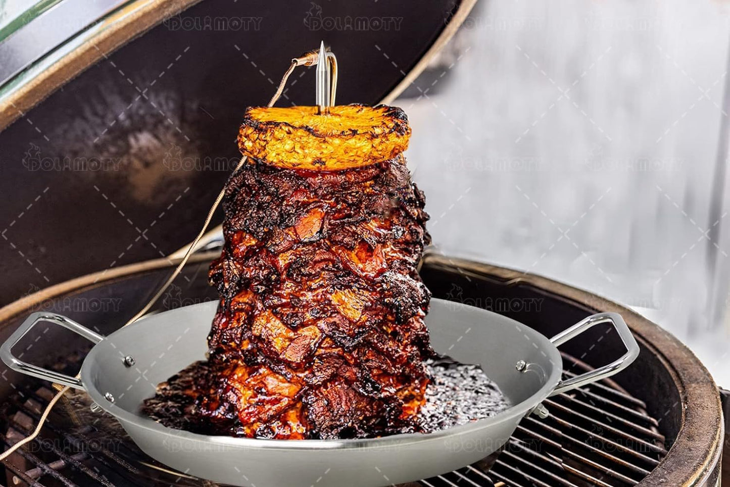 BBQ Vertical Skewer Pan Gyro Spit Shawarma Stand for oven, Al Pastor Skewer for Grill, El Pastor Hack for Tacos Al Pastor Chicken, Brazilian, Stainless Steel, with 8",10" and 12" stick