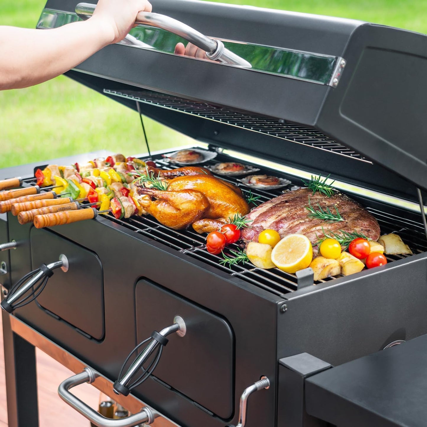 Kenadne Charcoal Grill Outdoor BBQ Grill, Extra Large Cooking Area 794 Square Inches with Two Individual & Adjustable Charcoal Tray, Foldable Side Tables for Outdoor Cooking grill Backyard