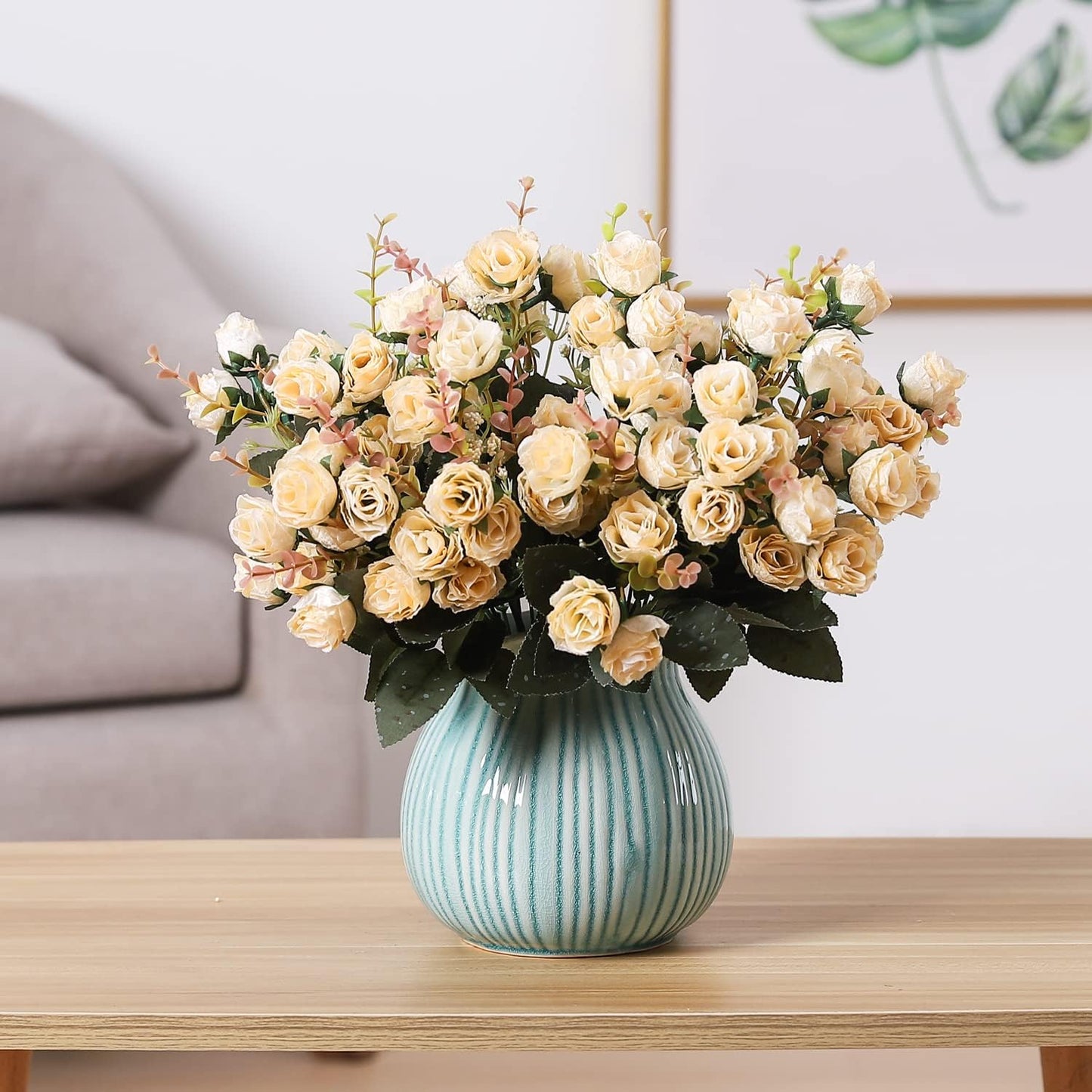 Duovlo 7 Branch 21 Mini Rose Heads Artificial Flowers Bouquet Wedding Home Office Decor,Pack of 4 (4, Champagne)