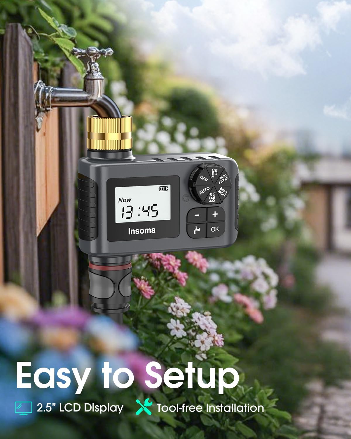 Water Timer with Brass Inlet & Outlet for Outdoor Garden Hose, Hose Timer with Rain Delay/Manual Mode, Automatic Drip Irrigation Controller System for Lawn Yard Garden Watering