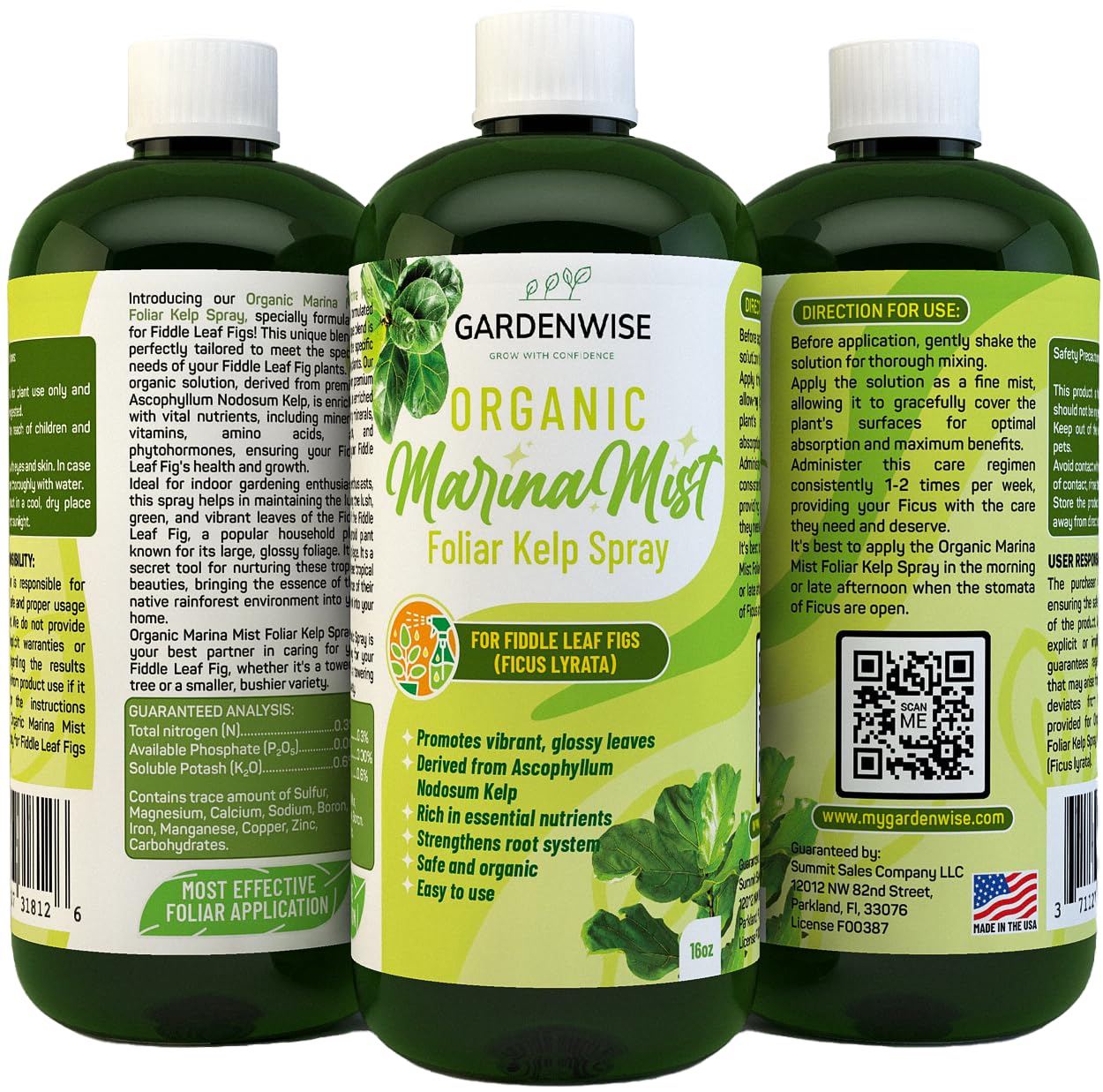 Organic Marina Mist Foliar Spray for Fiddle Leaf Fig and Other Ficus Trees | Micro Nutrients for Vital Health | Gentle Formula | Liquid Plant Food | Quick Results | Ready to Use (16 OZ)