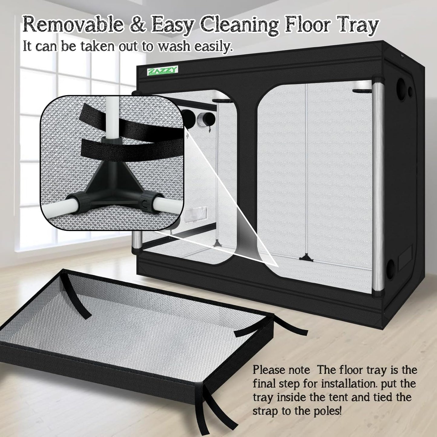 zazzy Grow Tent, 120"x60"x78" Hydroponic Mylar Grow Tent Reflective Garden Growing Dark Room with Observation Window, Removable Floor Tray and Tool Bag for Indoor Plant Growing 10x5
