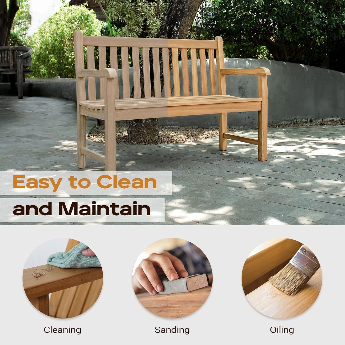 A-Grade Natural Teak Bench - Outdoor Garden Bench with Curved Backrest & Arch Armrest, Patio Bench - All-Weather 100% Solid Teak Wood 2-Person Park Bench for Yard, Lawn