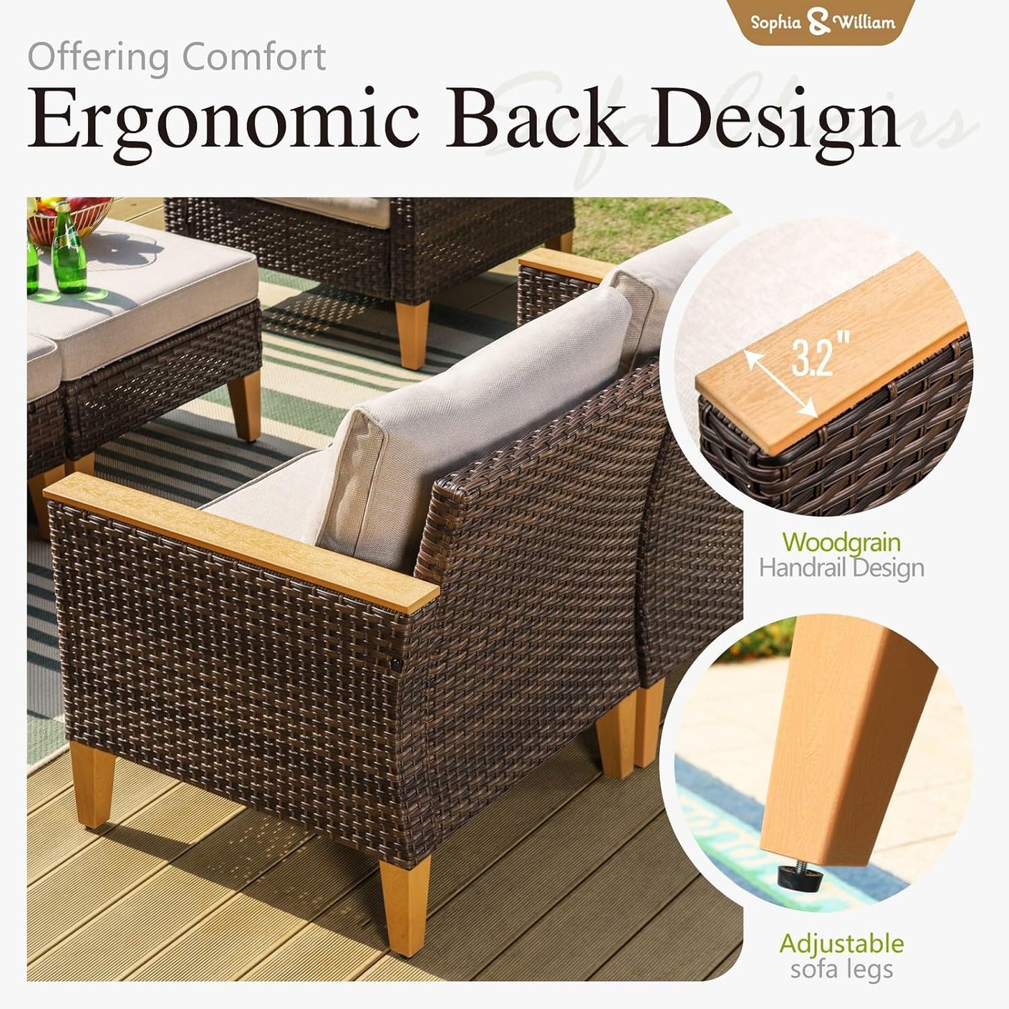 Sophia & William Patio Furniture Set, 10 Piece Half Moon Outdoor Wicker Sectional Sofa Set, High Back Rattan Conversation Set with Ottoman for Backyard, Deck, Pool(Beige)