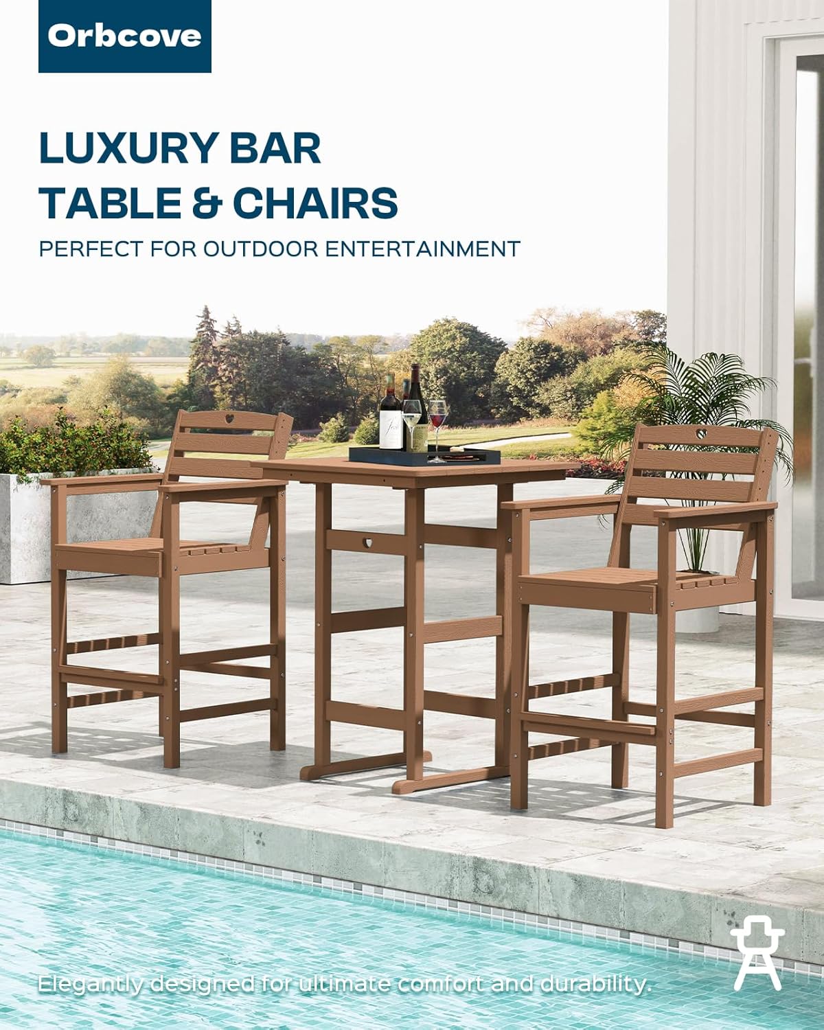 Tall Adirondack Chairs Set of 4, HDPE Wood Balcony Adirondack Chairs Set with Heart Cutout Design, Weather-Resistant Bar Height Furniture for Deck, Porch, Pool (Teak)