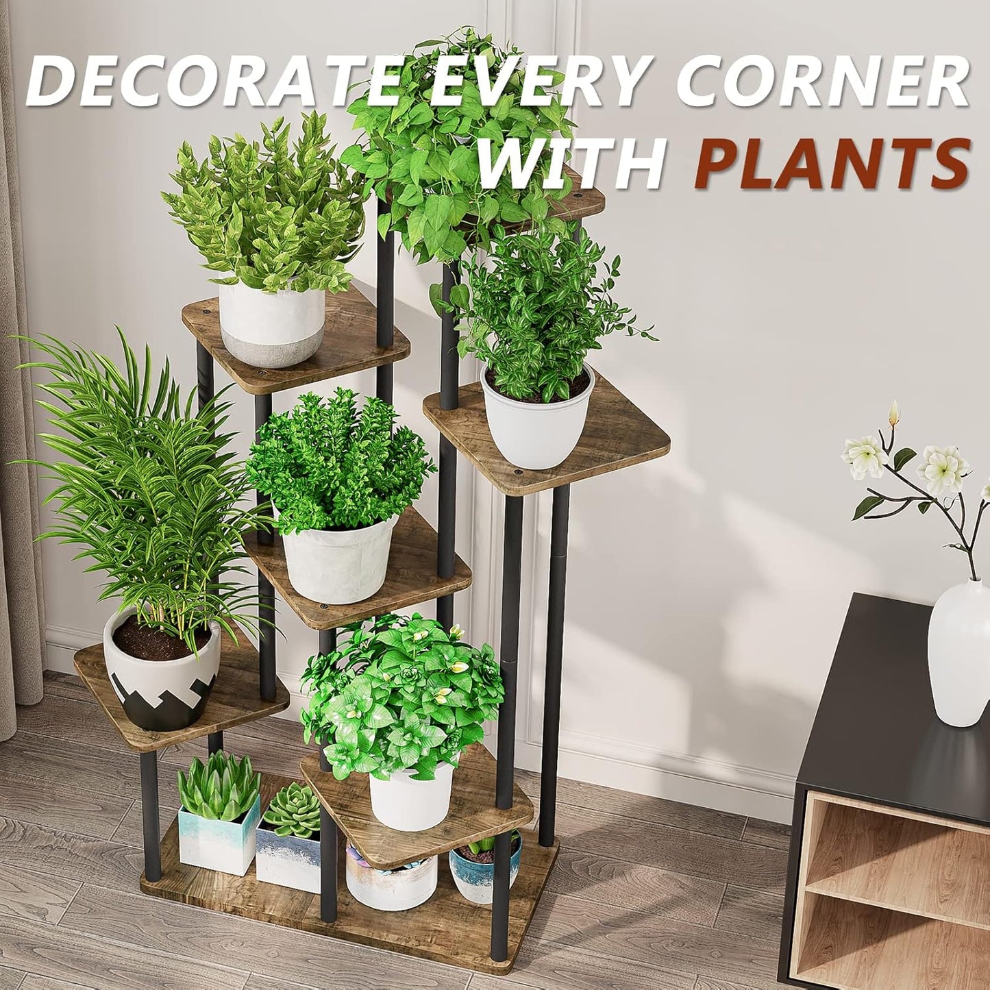 AZERPIAN Plant Stand 7 Tier Indoor Metal Flower Shelf for Multiple Plants Corner Tall Flower Holders for Patio Garden Living Room Balcony Bedroom, Black (7 Tier-Black)