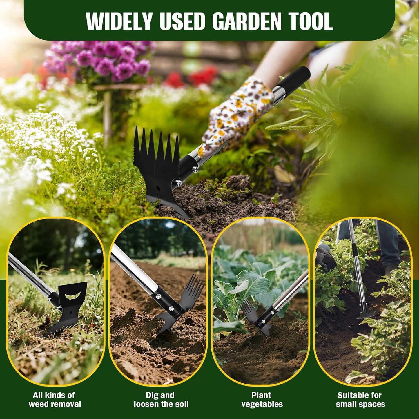Weed Puller Tool with Long Handle - 58" Manual Weeder Remover Tool, 2 in 1 Hand Weed Rake and Garden Hoe for Gardening, Heavy Duty Uprooting Weeding Pull for Yard, Lawn, Patio and Garden