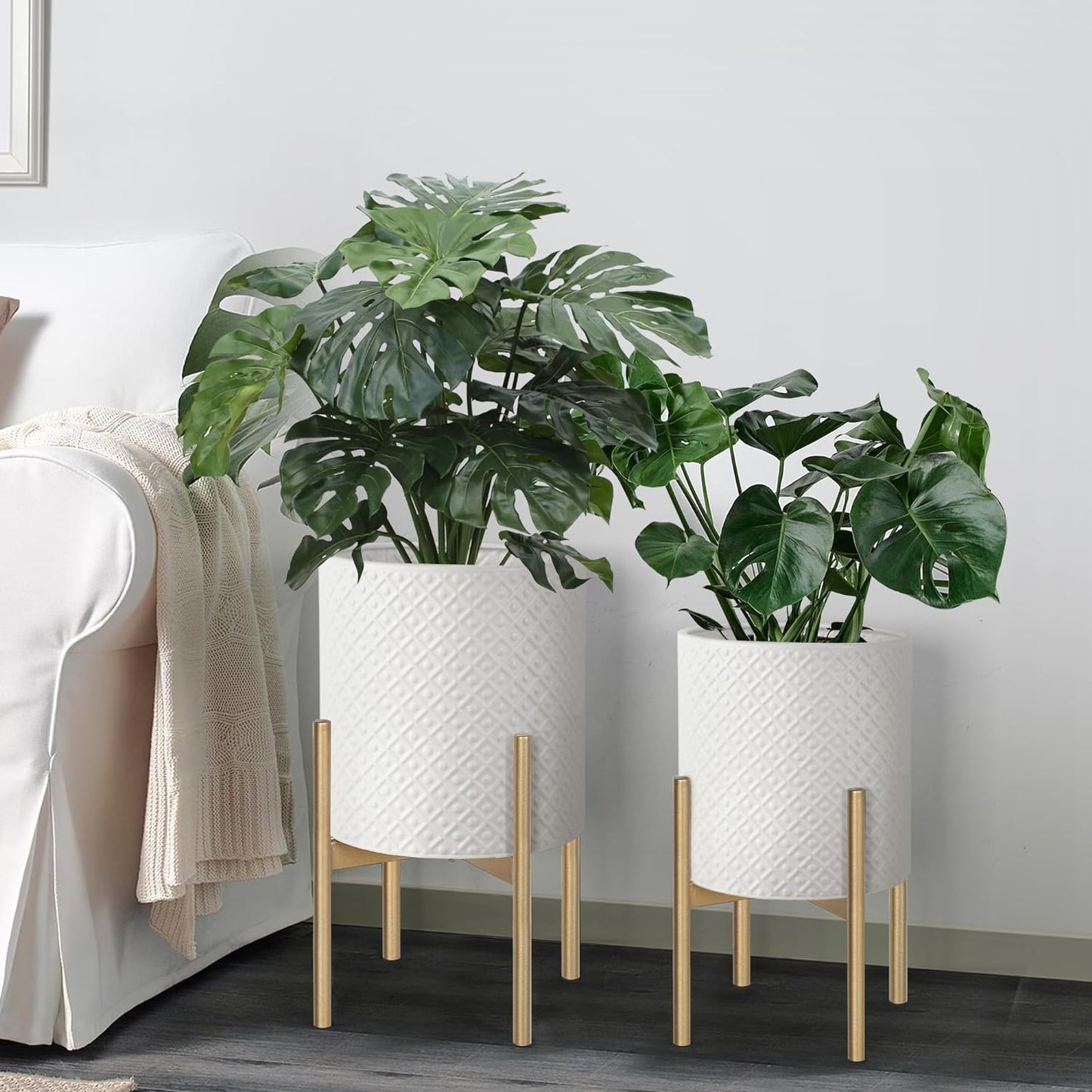 Oakrain Mid Century Planters for Indoor Plants, Metal Plant Set of 2, Modern Decorative Plant Pots for Living Room, Garden, Balcony, White Planters with Glod Plant Stands, 10 inch & 12 inch