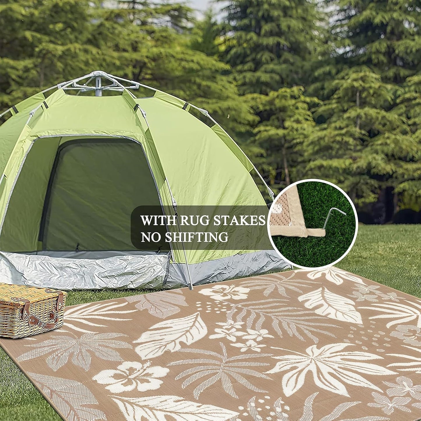 Pauwer Waterproof Outdoor Rug 9x12, Reversible Plastic Straw Patio Camping Rug, Indoor Outdoor RV Mat Carpet for Deck, Camper, Porch, Balcony, Backyard, Picnic, Floral Brown