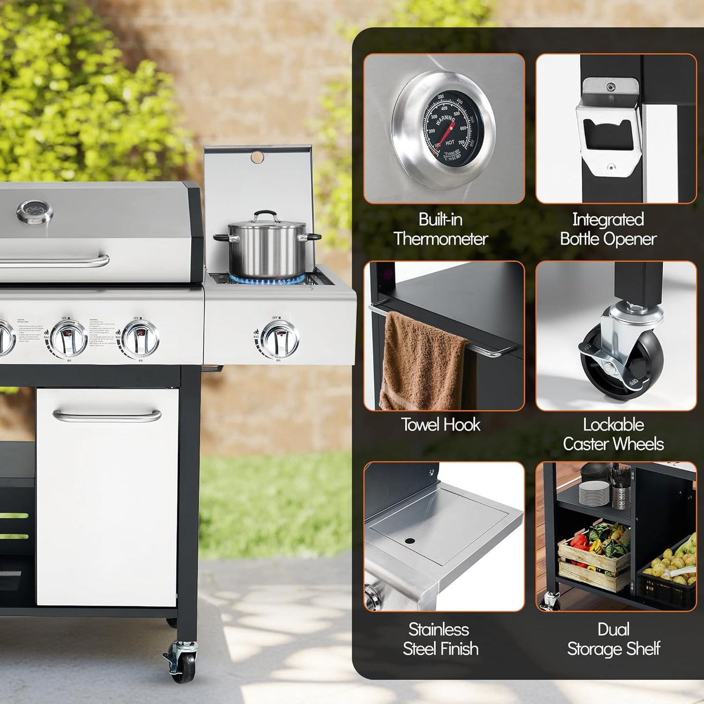 4-Burner Propane Gas Grill, Stainless Steel BBQ with 40,000 BTU, Foldable Side Shelves, Porcelain-Coated Grates, Ideal for Patio & Backyard Cooking (4&1 Burner)
