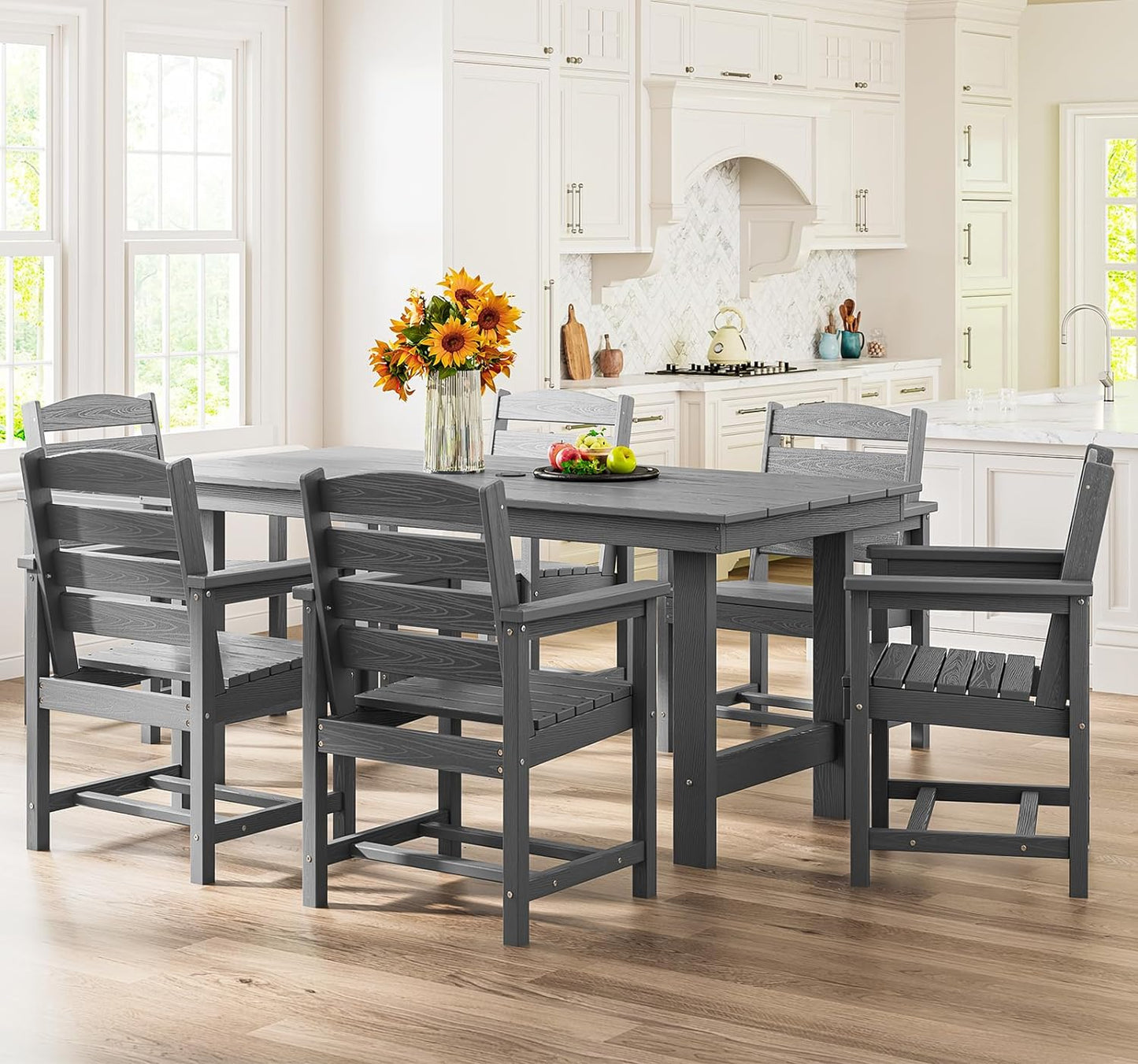 SERWALL Outdoor HDPE Dining Table Set, 7-Piece Outdoor Dining Table Sets with Umbrella Hole Cut-Out Table and 6 Chairs, Gray