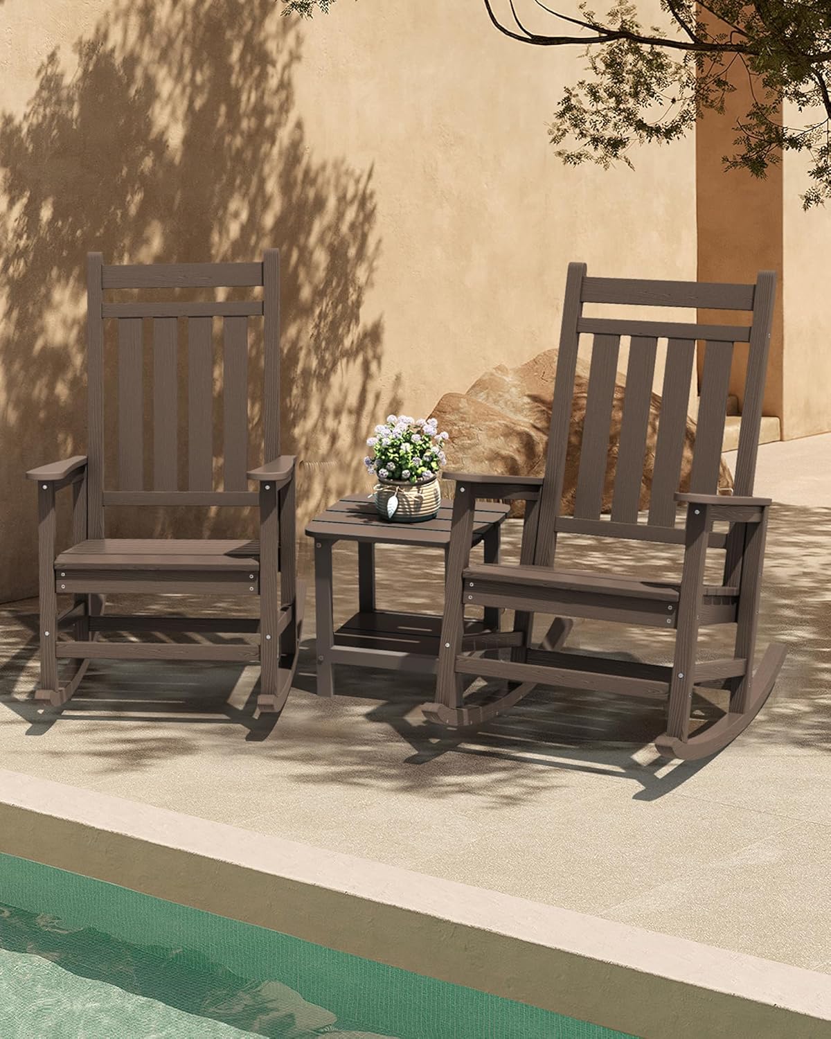 SERWALL HDPE Rocking Chair, Outdoor Rocking Chair for Adults, All Weather Porch Rocker for Lawn Garden, Coffee