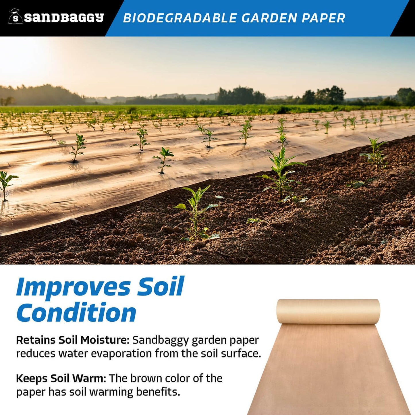 Sandbaggy Biodegradable Landscape Fabric - Garden Paper for Weeds - Paper Mulch Rolls (5 ft x 475 ft, 25)