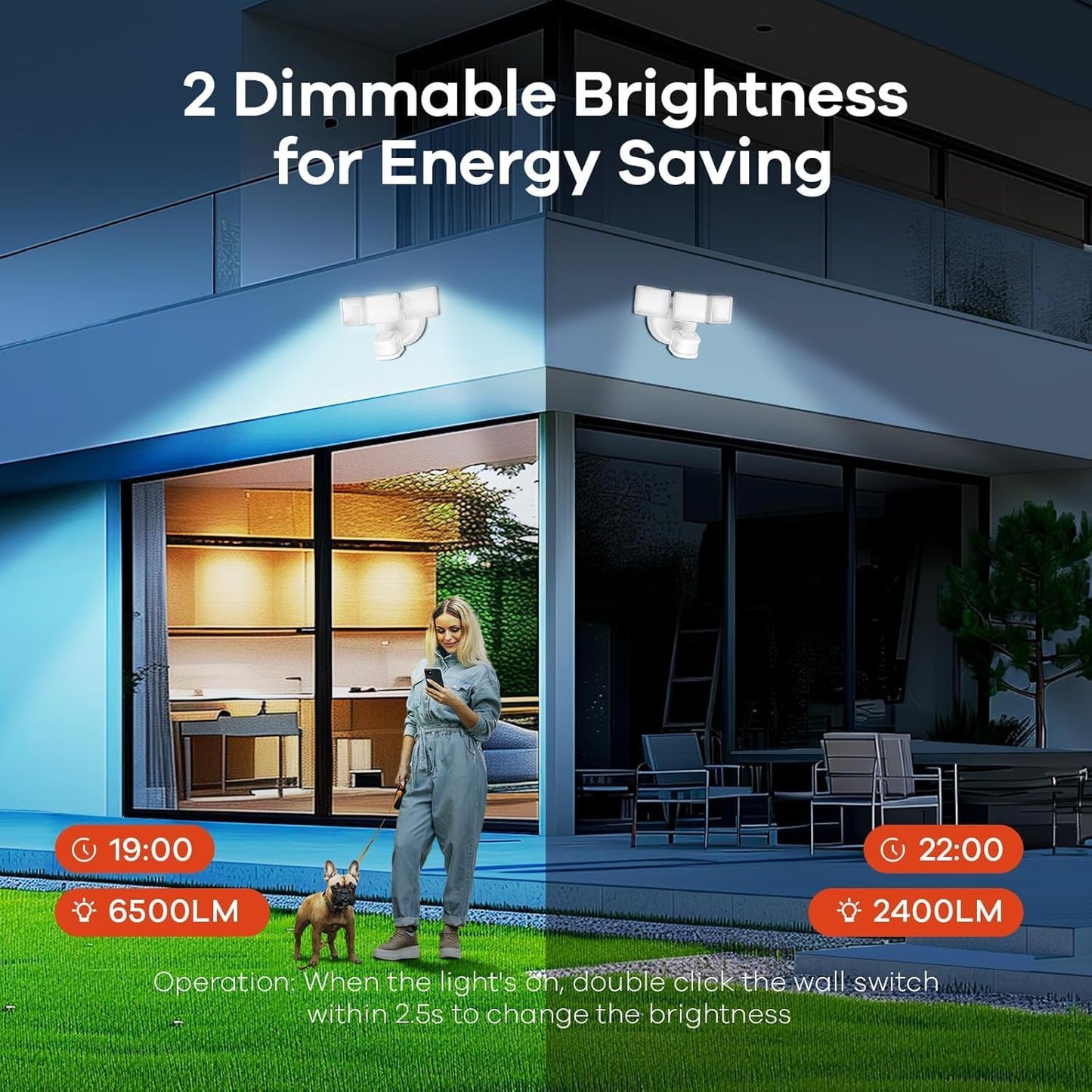 OREiN 10000LM Flood Lights Outdoor, 180°/75FT Motion Sensor Outdoor Lights 4 Modes Dimmable Dusk to Dawn Floodlights IP65 Waterproof for 8000SQ.FT Area for Big Patio, Driveway, White (Hardwired)