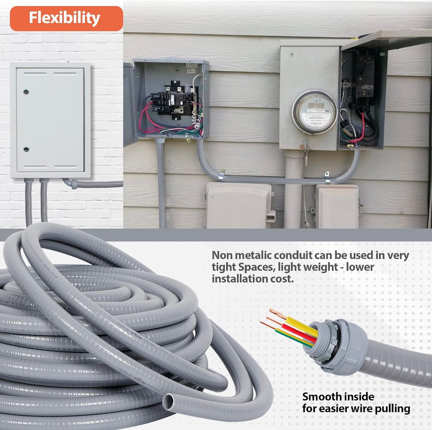 Liquid-Tight Conduit and Connector Kit 1/2inch 150ft, Flexible Non Metallic Liquid Tight Electrical Conduit w/UL Certification, Electrical Conduit Kit with 5 Straight, 5 Angle Fittings