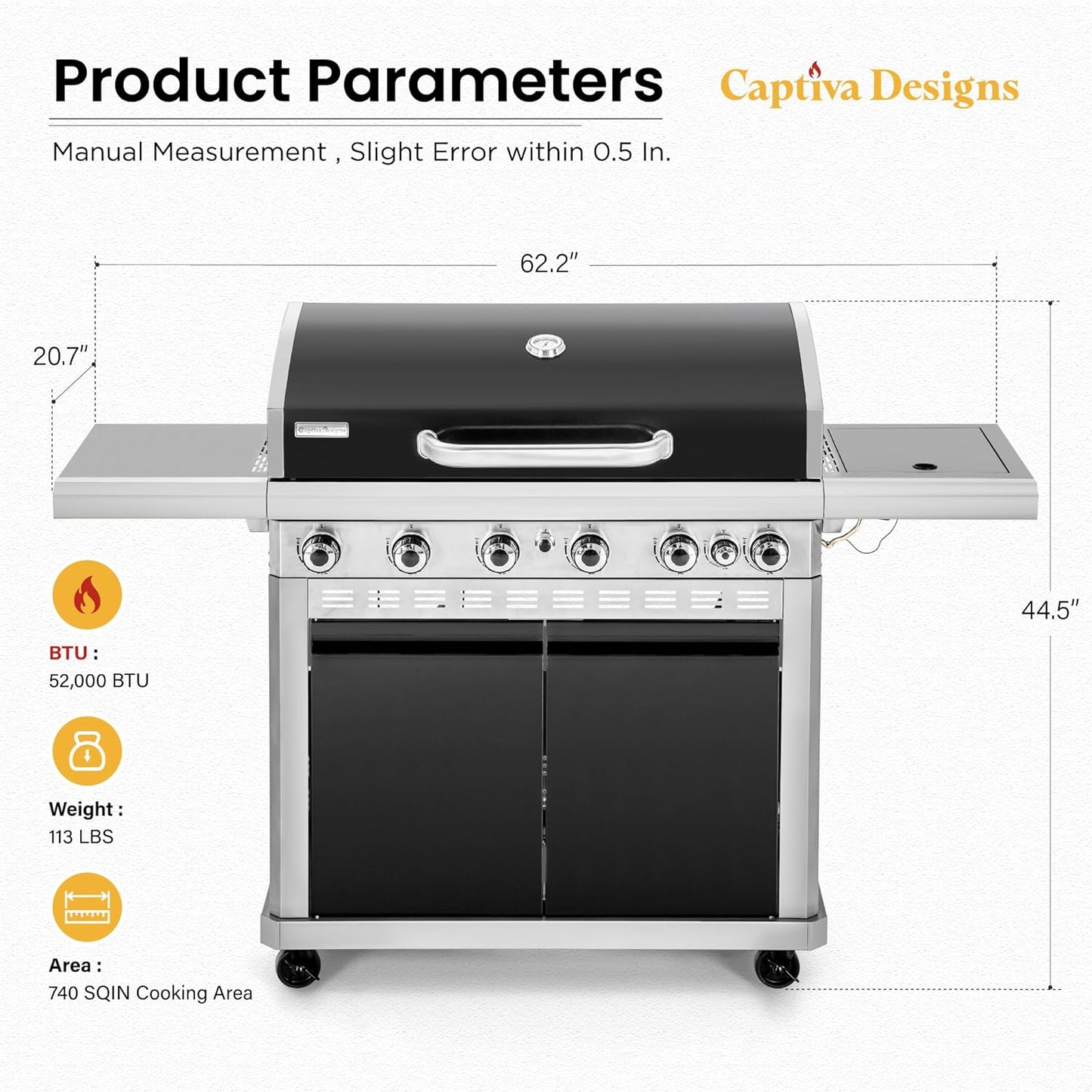 Captiva Designs 6-Burner Propane Gas BBQ Grill with Side Burner & Porcelain-Enameled Cast Iron Grate and Plate for Outdoor Barbucue Events, 52,000 BTU Output,740 SQ.IN. Cooking Area๏ผHeavy Duty