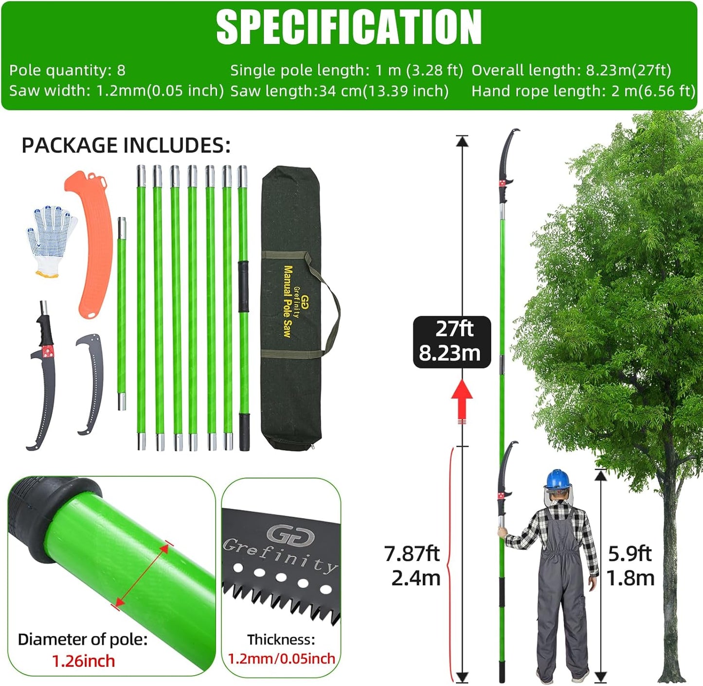 27FT Manual Pole Saw, Tree Branch Trimmer with 8-Section Fiberglass Handle, Sharp Steel Blade, Lightweight Extendable Design for High Branch Trimming, Ideal for Palms and Shrubs