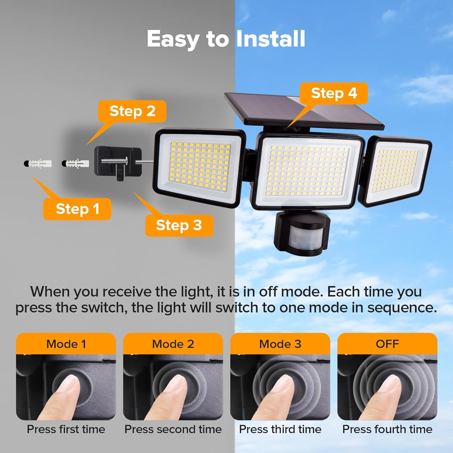 UME Solar Outdoor Lights 302 LED 3000LM, IP65 Waterproof Motion Sensor Outdoor Lights, 3 Heads Solar Security Flood Lights 270 Wide Lighting Angle with 3 Modes for Garden Patio Yard - 6 Pack