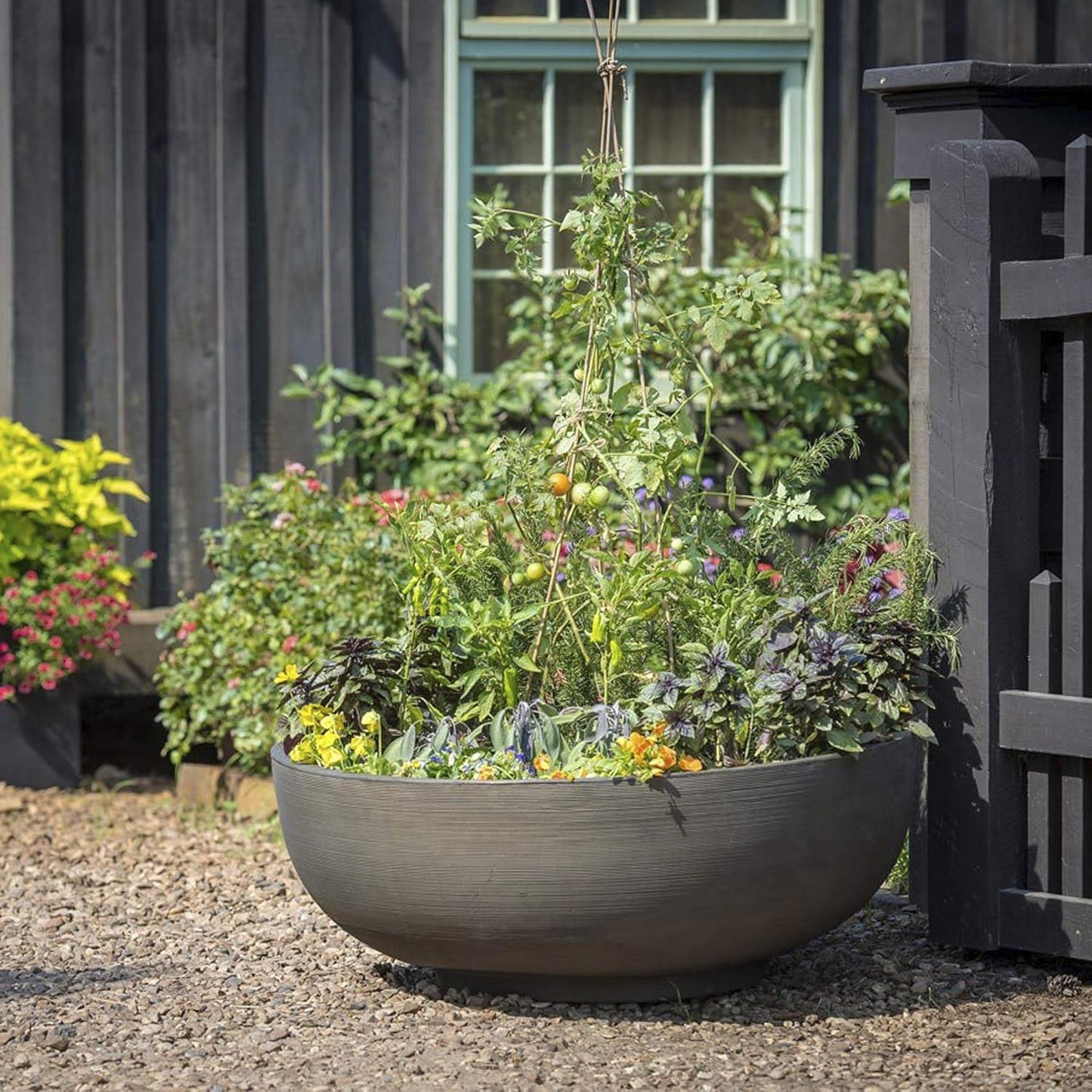 Crescent Garden Orinoco Planter Bowl – Double-Walled Resin Pot for Succulents, Flowers Without Drain Hole - 21" W x 8.25" H (Caviar Black)