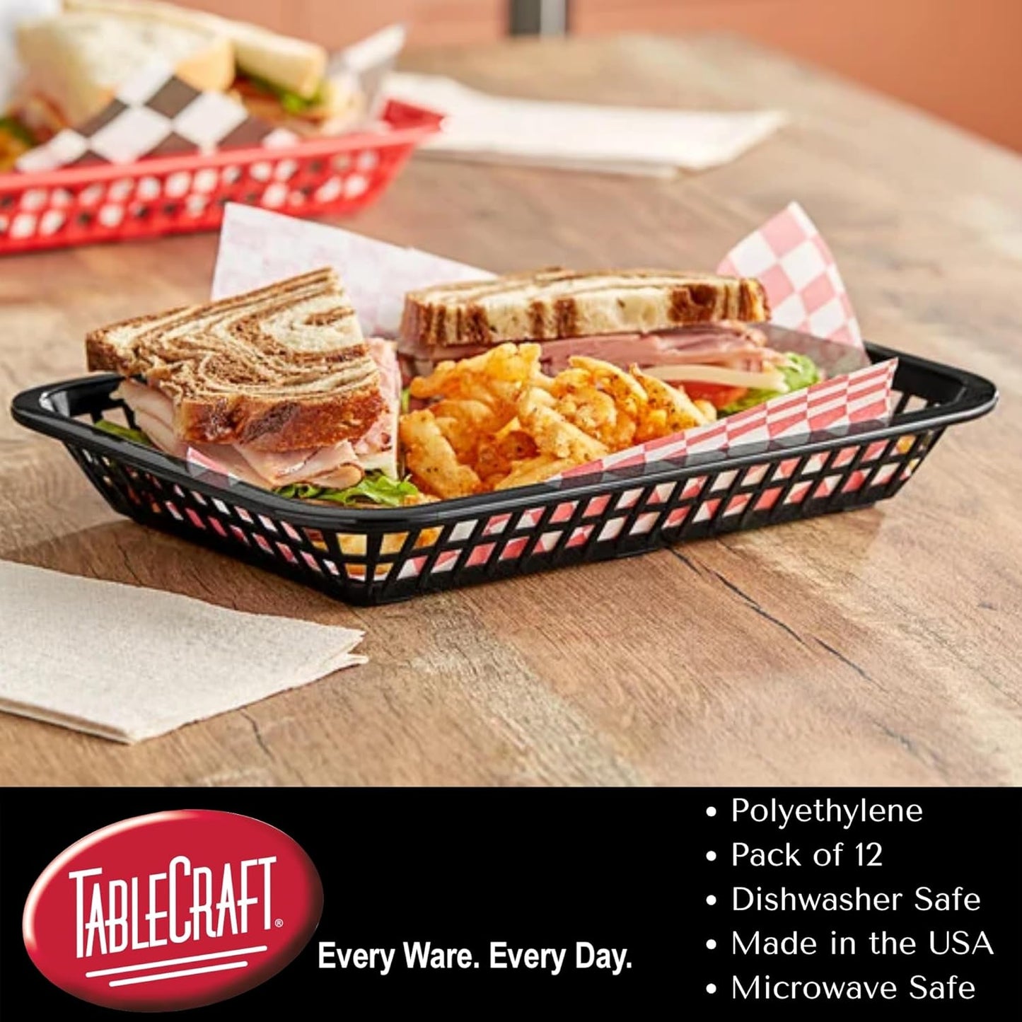 TableCraft C1074Y Oval Cash and Carry Basket, Yellow, Stackable Plastic Food Baskets, 9.31" x 6.18" x 1.88", Pack of 12, Dishwasher Safe