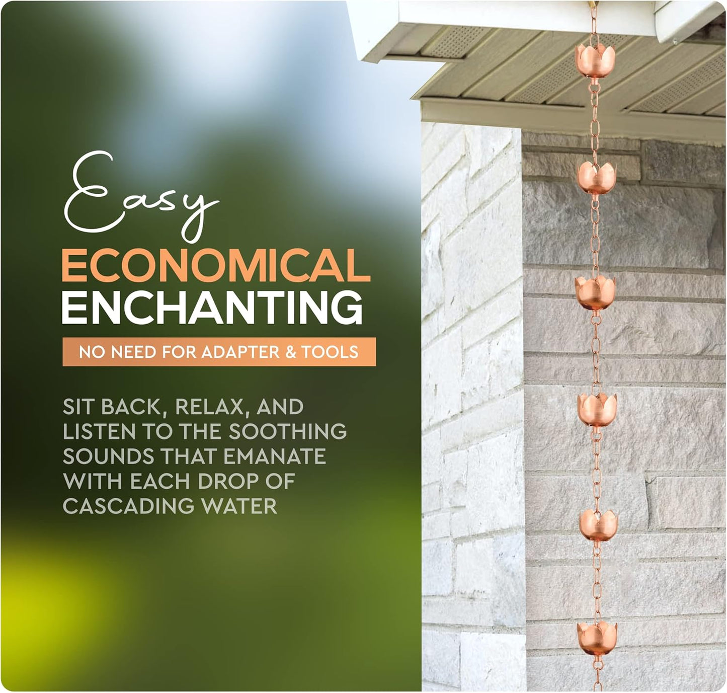 Copper Rain Chain – Decorative Chimes & Cups Replace Gutter Downspout & Divert Water Away from Home for Stunning Fountain Display – 8.5’ Long for Universal Fit – Flower Style