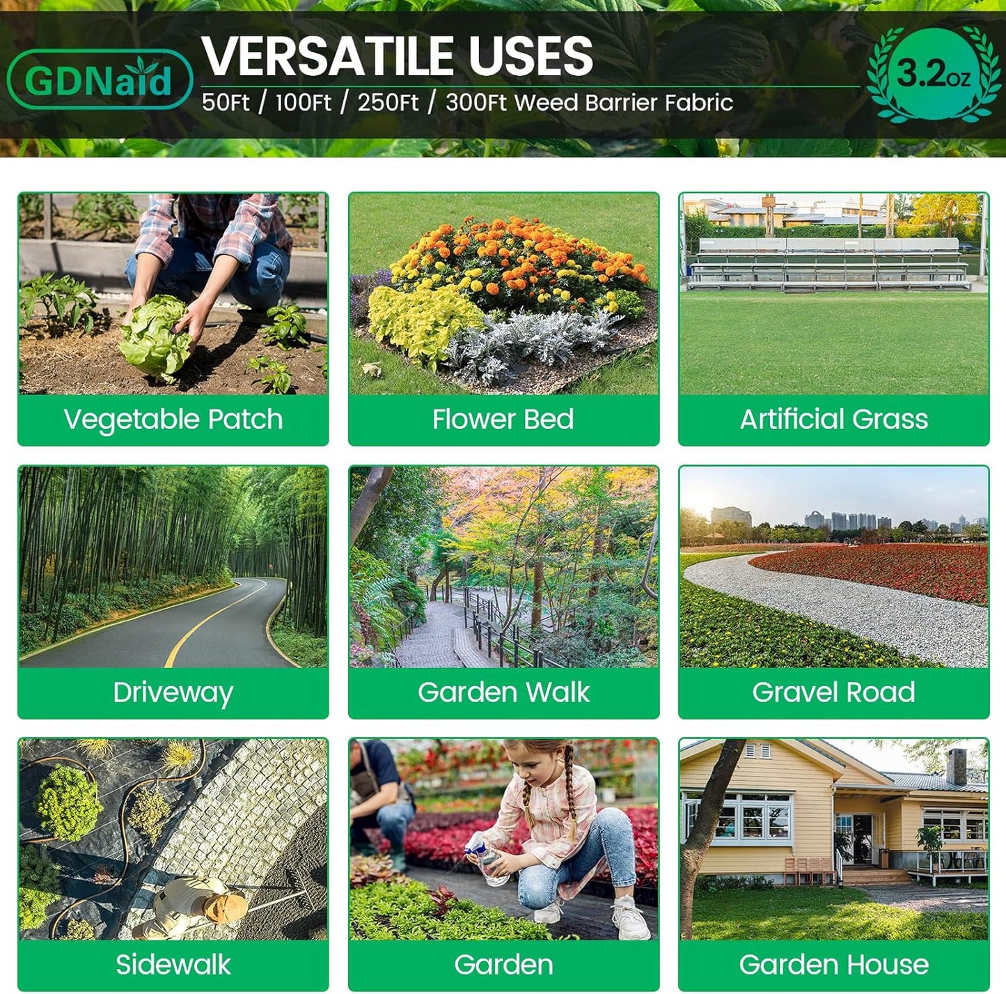 6ftx180ft Weed Barrier Landscape Fabric Heavy Duty, Premium 3.2oz Weed Barrier Fabric Garden Ground Cover, Weed Fabric, Garden Landscaping Fabric
