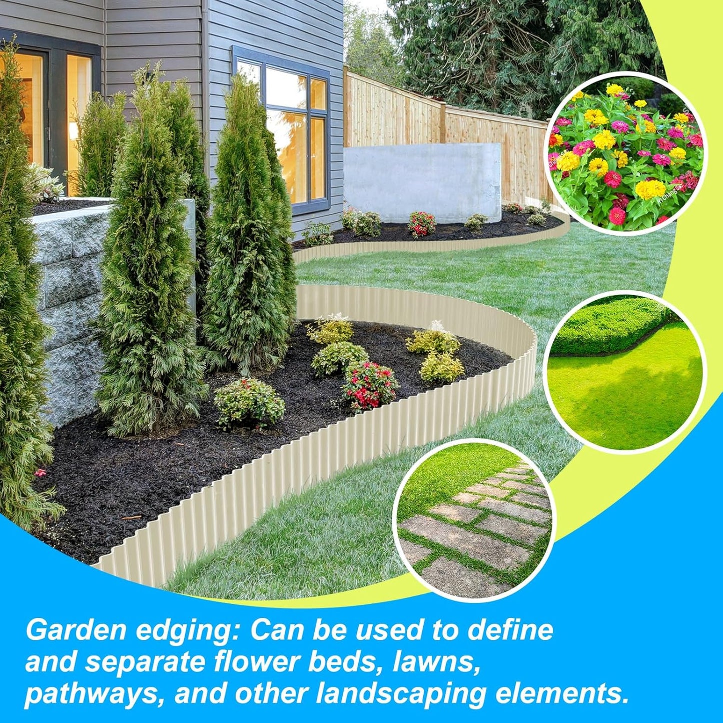 LAVEVE Corrugated Metal Garden Edging 10" x 20Ft, Landscape Edging Border for Lawn, Flower Bed, Garden Fence, Paver Edging (Cream)
