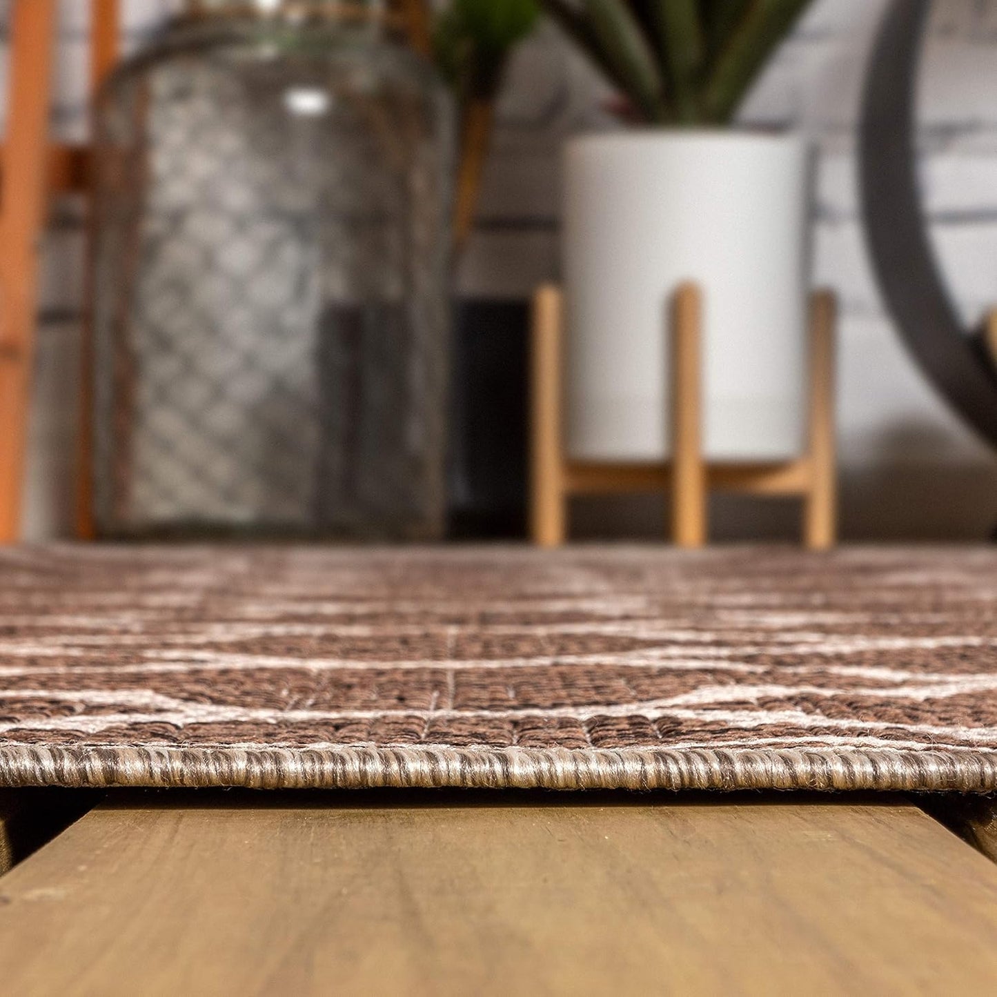 Eyely BMS109B-4SQ Santa Monica Trebol Moroccan Trellis Textured Weave, Pet Friendly, Non-Shedding, Stain Resistant, Easy-Cleaning, Espresso/Taupe, 4' Square, Indoor/Outdoor, Area Rug