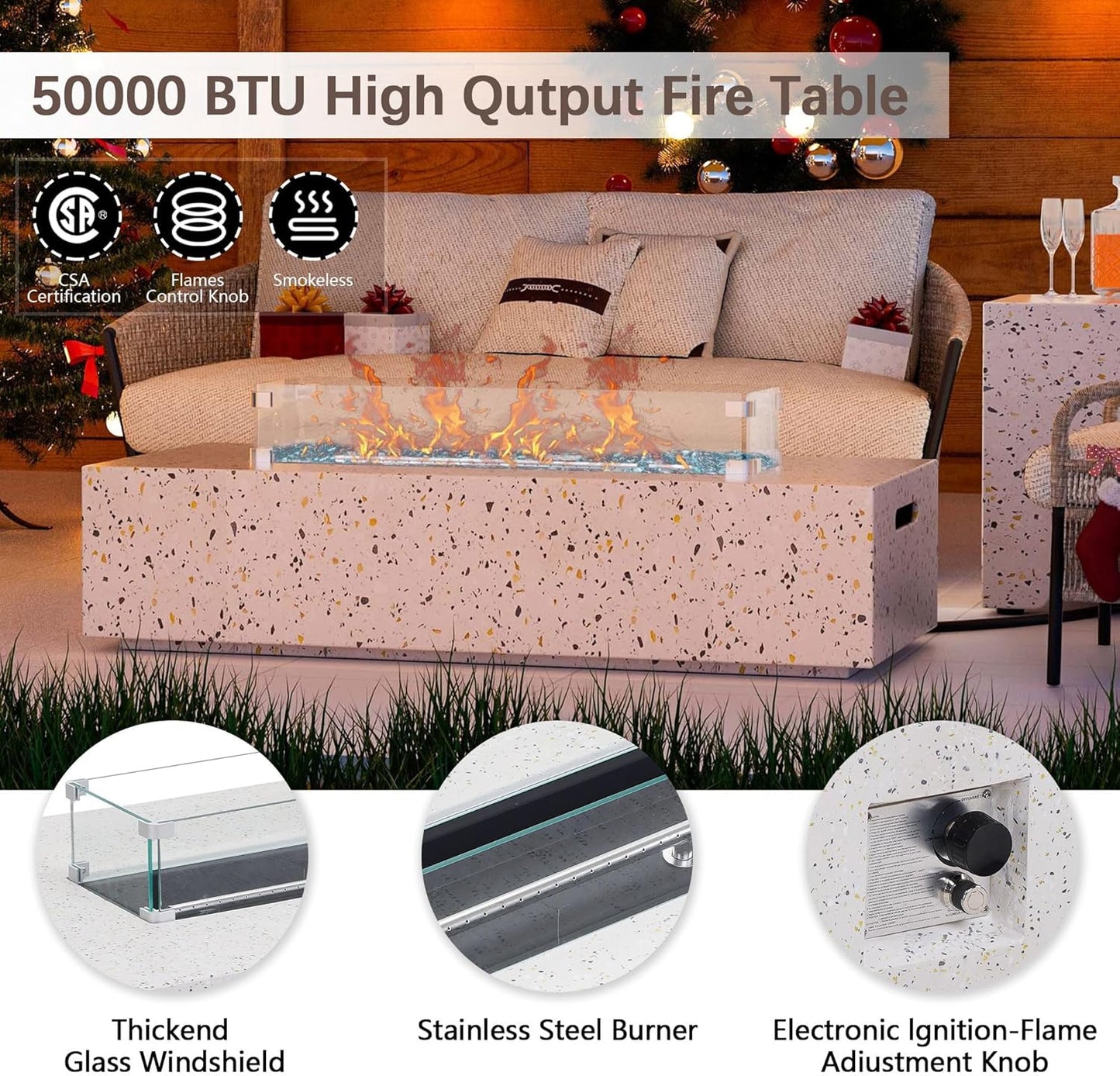 8 Piece Patio Furniture Set - Outdoor Conversation Sets with 56" Fire Table and Coffee Table, Rattan Modular Sofa Set for Garden/Poolside, Navy Blue/Grey