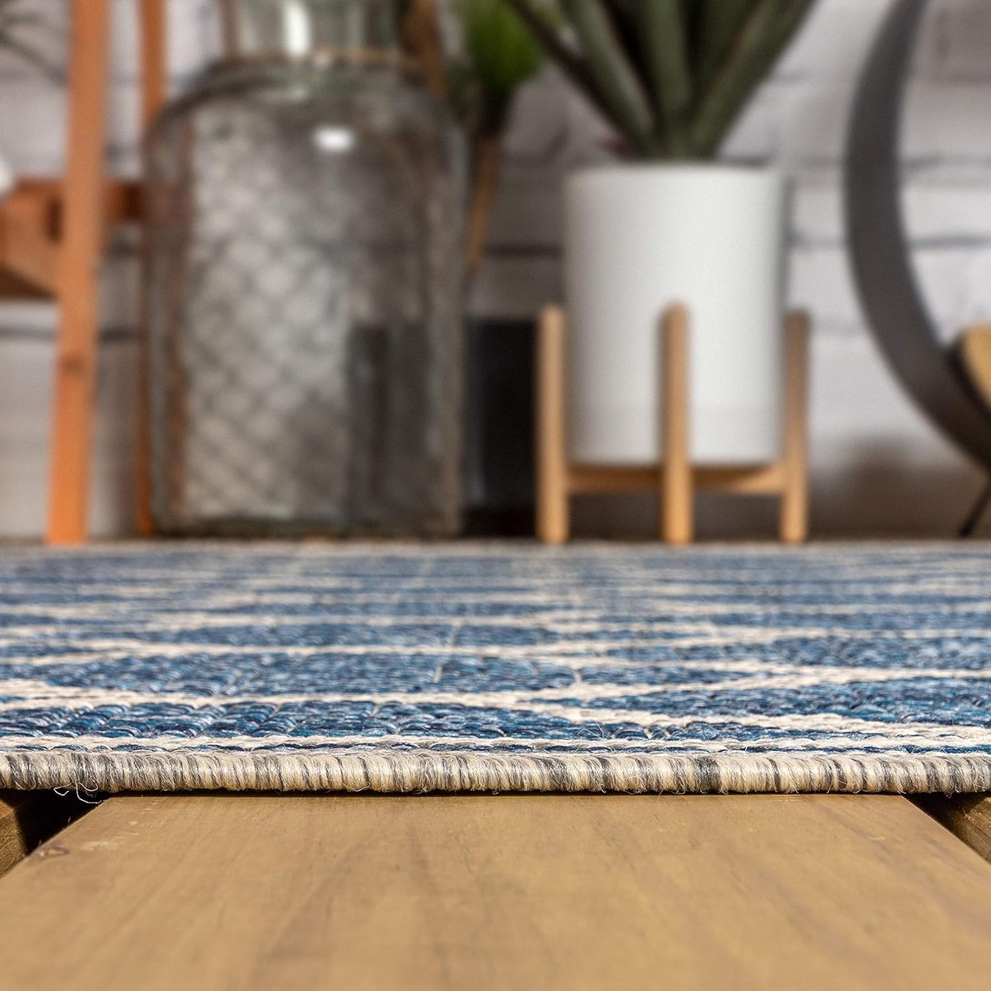 Eyely BMS109D-3SQ Santa Monica Trebol Moroccan Trellis Textured Weave, Pet Friendly, Non-Shedding, Stain Resistant, Easy-Cleaning, Navy/Gray, 3' Square, Indoor/Outdoor, Area Rug