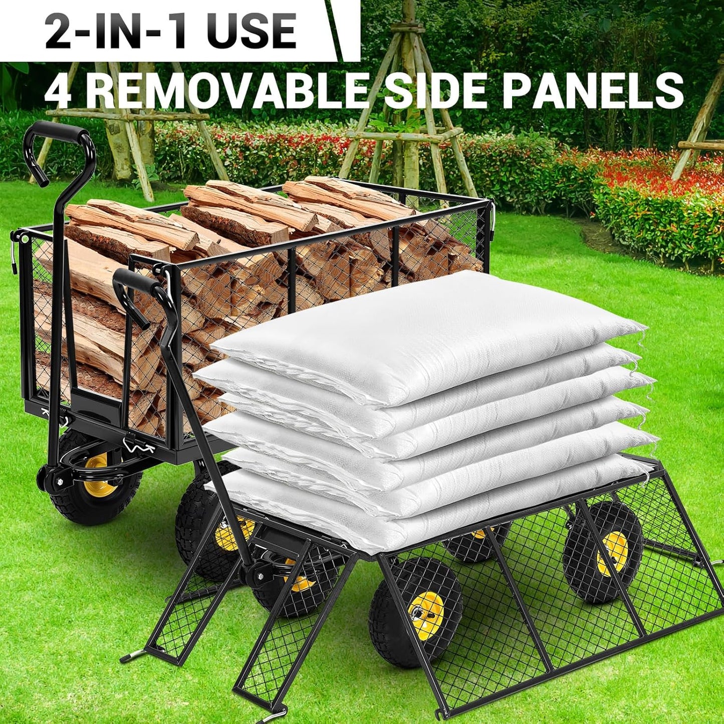Heavy Duty Steel Garden Cart, 1100LBS Pullable Metal Garden Wagon with 10" Wheels, 180° Rotating Handle and Removable Sides for Outdoor, Farm, Yard, Beach 