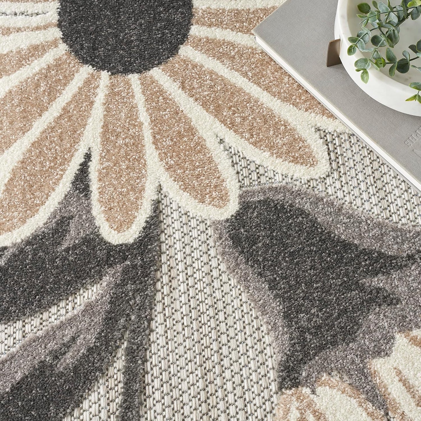 Nourison Home Aloha Indoor-Outdoor Beige 5'3" x 7'5" Area Rug, Easy Cleaning, Non Shedding, Bed Room, Living Room, Dining Room, Kitchen (5x7)