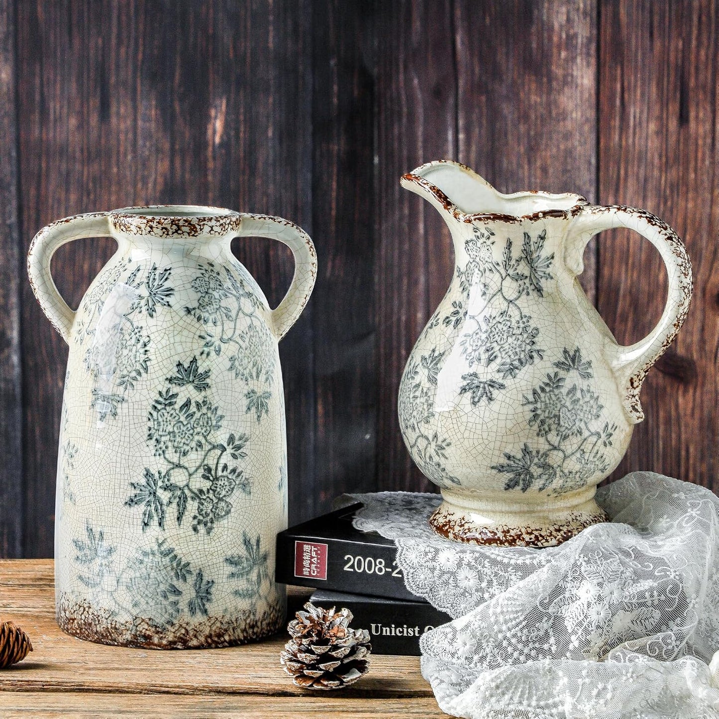 Enra Tall Vintage Blue and White Ceramic Vase with Handle, 11.2 Inch Chinoiserie Decorative Floral Vase, Large Rustic Ceramic Vase for Living Room, Office, Bookshelf, Home Decor