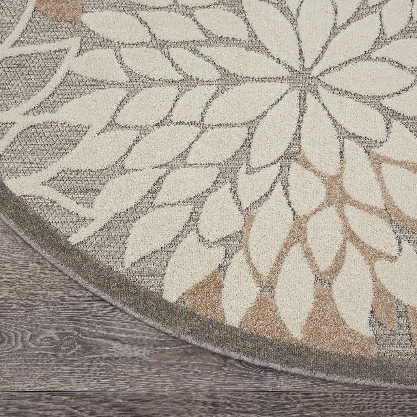 Nourison Aloha Indoor/Outdoor Area Rug 4', Natural, Round Tropical Botanical Easy -Cleaning Non Shedding Bed Room Living Room Dining Room Deck Backyard Patio