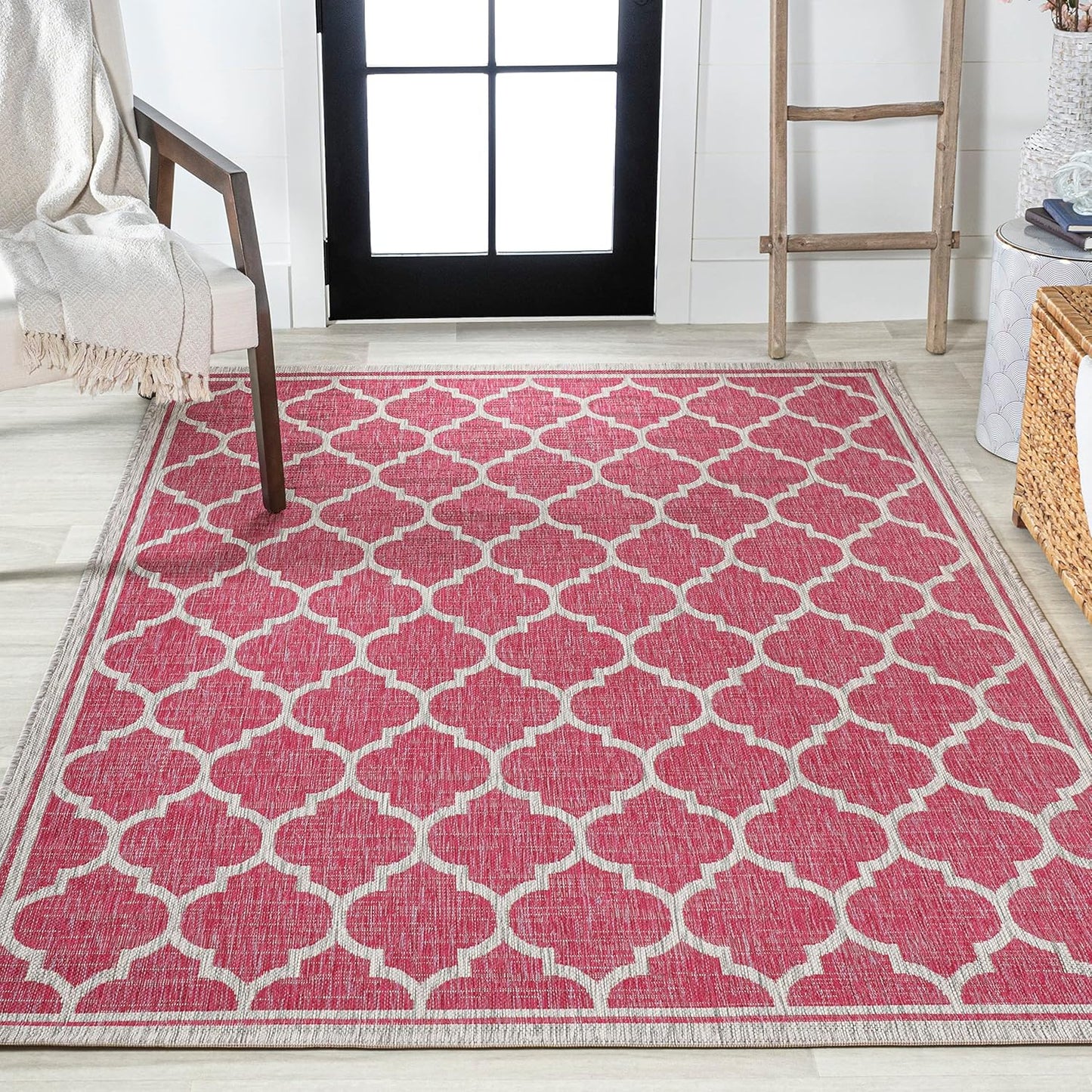Eyely BMS109H-9 Santa Monica Trebol Moroccan Trellis Textured Weave Indoor/Outdoor Area Rug Coastal;Bohemian, Bedroom, Backyard, Patio, Easy-Cleaning, Non-Shedding, 9 X 12, Fuchsia/Light Gray