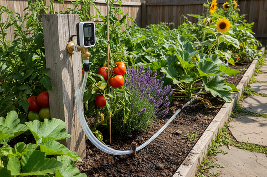 Automatic drip irrigation system with programmable water timer installed in home vegetable garden, showing drip emitters watering plants for vacation care