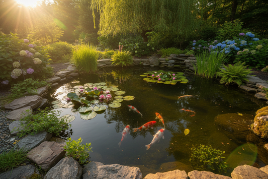 A serene backyard pond with water lilies, koi fish, and natural stone edging surrounded by lush green plants.