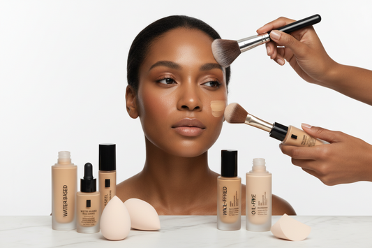 Professional foundation application demonstration for combination skin showing water-based and oil-free formulas with makeup tools