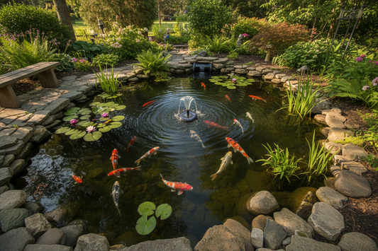 Beautiful budget-friendly backyard pond with solar fountain, water lilies, koi fish, natural stone edging, and UV filtration system creating a serene DIY water garden oasis