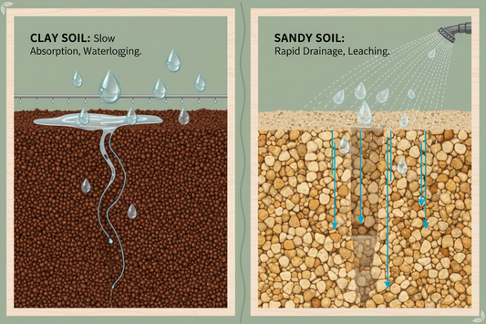 Side-by-side comparison of clay soil and sandy soil showing different water drainage and irrigation patterns
